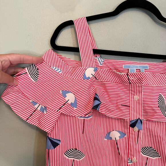 Draper James Top S Summer Umbrella Cotton Stripes Beach Ruffle Cold Shoulder Red - Picture 4 of 7